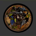 Colorful Birds Perched On Tree Branch With Green Leaves And Decorative Base
