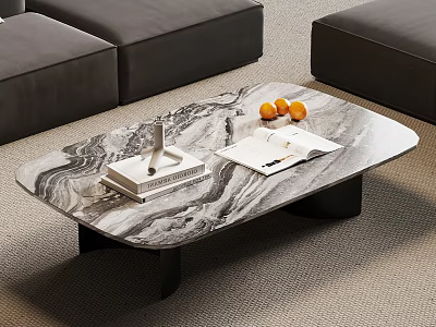 Marble Coffee Table With Modern Design Oranges Magazine And Black Legs In Living Room 3d model