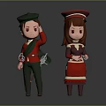 Cartoon Boy And Girl Characters In Red Uniforms With Green Brown Hats And Outfits