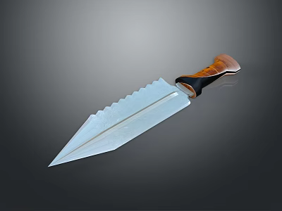 Sharp Tactical Dagger Weapon With Serrated Metallic Blade And Brown Wooden Handle 3d model