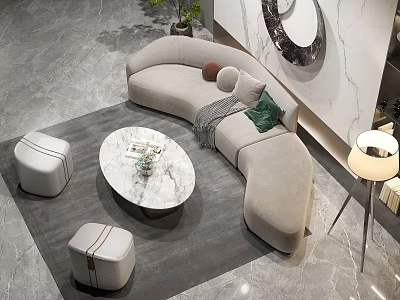Modern Elegant Sofa Coffee Table Set with Round Marble Top Cushions and Stools 3d model