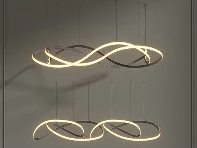 Modern Minimalist Chandelier With Curved Ring Design Illuminated Hanging In Interior 3d model