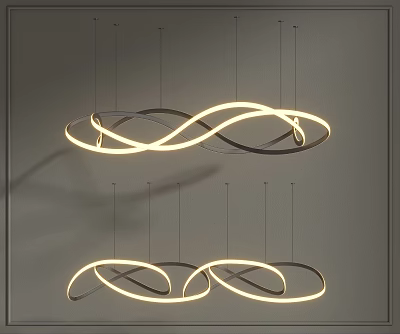 Modern Minimalist Chandelier With Curved Ring Design Illuminated Hanging In Interior 3d model