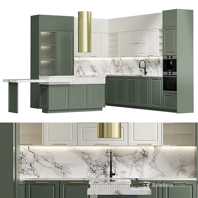 Elegant Modern Kitchen With Green And White Cabinets Marble Backsplash And Gold Lighting 3d model 