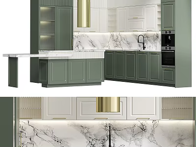 Elegant Modern Kitchen With Green And White Cabinets Marble Backsplash And Gold Lighting 3d model