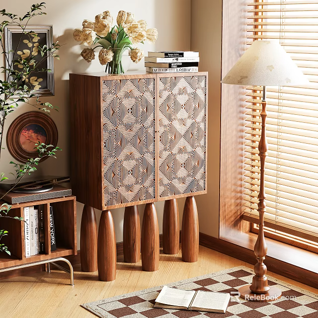 Stylish Entryway Console Cabinet With Pattern Design And Wooden Legs Side Cabinet With Vase Books And Lamp 3d model 