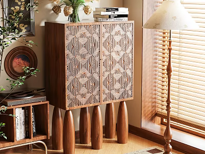Stylish Entryway Console Cabinet With Pattern Design And Wooden Legs Side Cabinet With Vase Books And Lamp 3d model