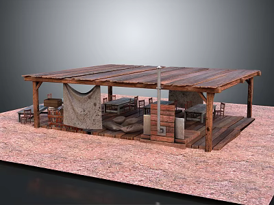 Open Air Wooden Pavilion Outdoor Seating Area With Tables Chairs Cushions And Gravel Floor Setup 3d model
