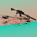 Modern Tactical Rifle With Scope Scattered Bullets Magazine On Colorful Blue Pink Background