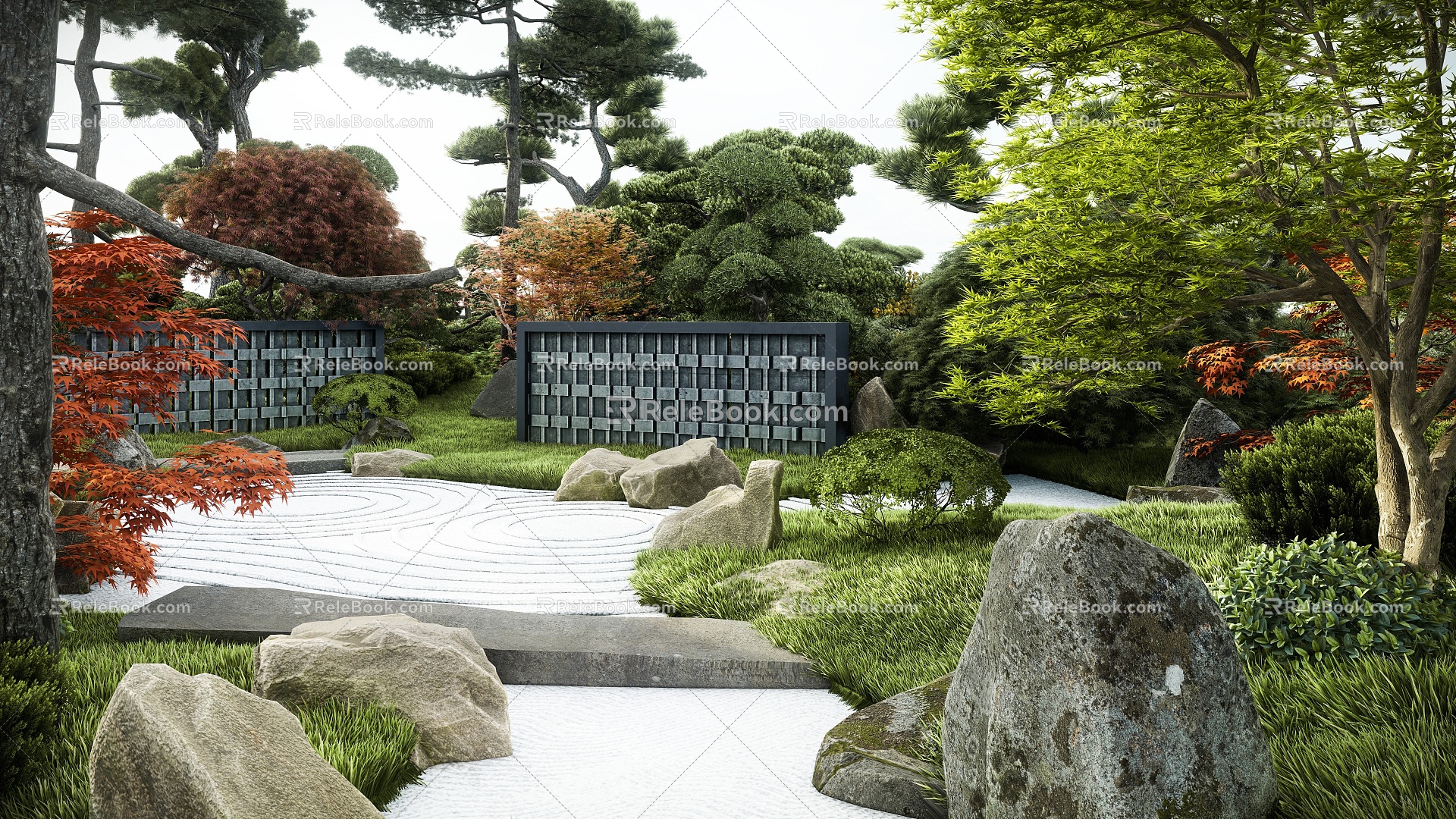 Japanese-style courtyard dry landscape courtyard garden micro-terrain pine stone landscape maple 3d model