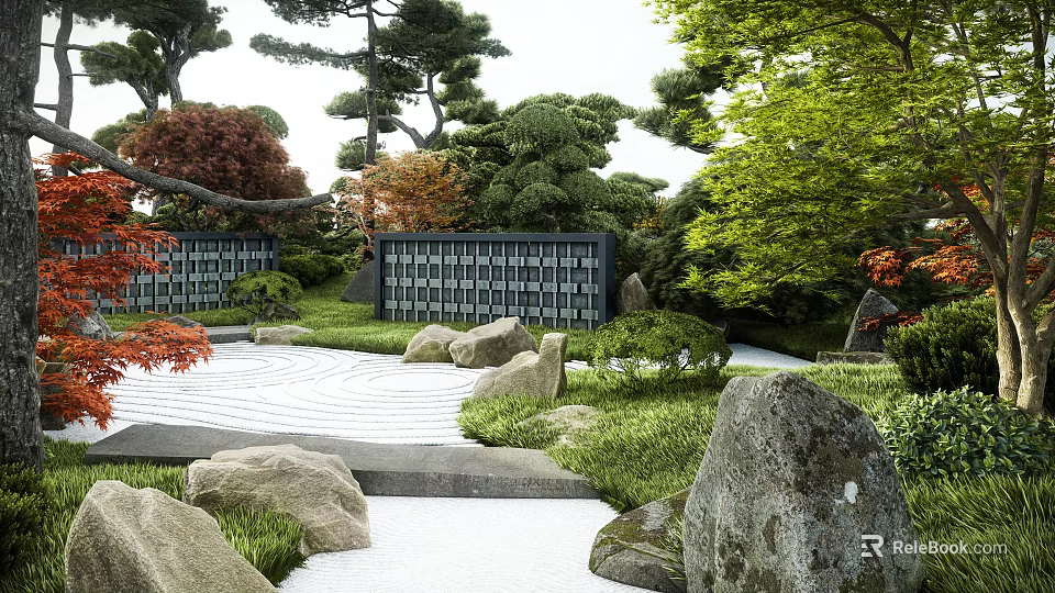 Traditional Karesansui Japanese Rock Garden with Raked Sand Stones Pine Trees and Green Foliage 3d model 
