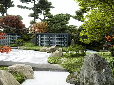 Traditional Karesansui Japanese Rock Garden with Raked Sand Stones Pine Trees and Green Foliage 3d model
