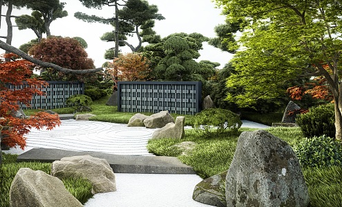 Japanese-style courtyard dry landscape courtyard garden micro-terrain pine stone landscape maple 3d model