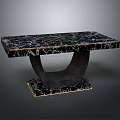 Elegant Black Marble Dining Table With White Veining Gold Trim And Unique Curved Base