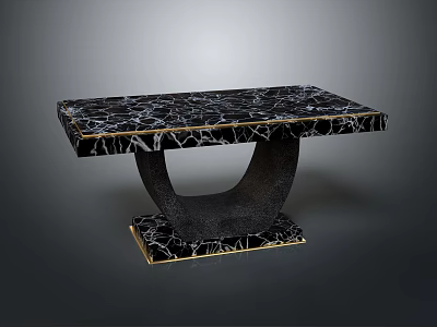 Elegant Black Marble Dining Table With White Veining Gold Trim And Unique Curved Base 3d model