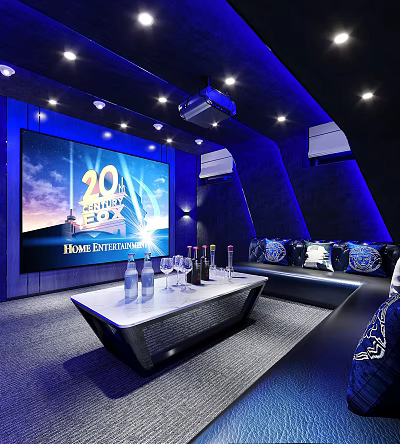 Modern KTV Room With Blue Lighting Large Screen Sofa Wine Bottles And Glasses On Table 3d model