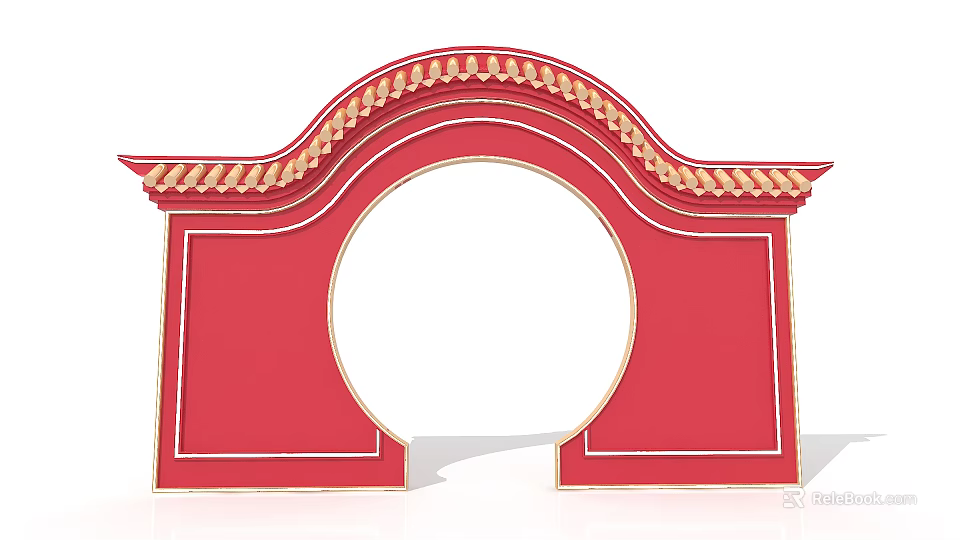 Red Traditional Event Gateway Featuring Golden Arch Decor And Classic Chinese Style 3d model 