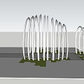 Outdoor Modern Pergola Design Featuring White Curved Structures Stone Paved Walkway