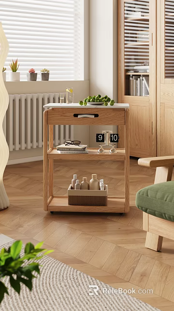 Wooden Coffee Table With Shelves Green Fruits Books Clock And Basket Of Bottles 3d model 