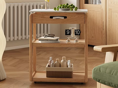 Wooden Coffee Table With Shelves Green Fruits Books Clock And Basket Of Bottles 3d model
