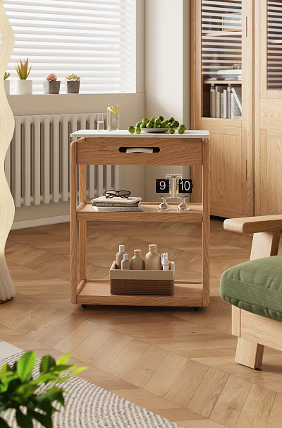 Wooden Coffee Table With Shelves Green Fruits Books Clock And Basket Of Bottles 3d model