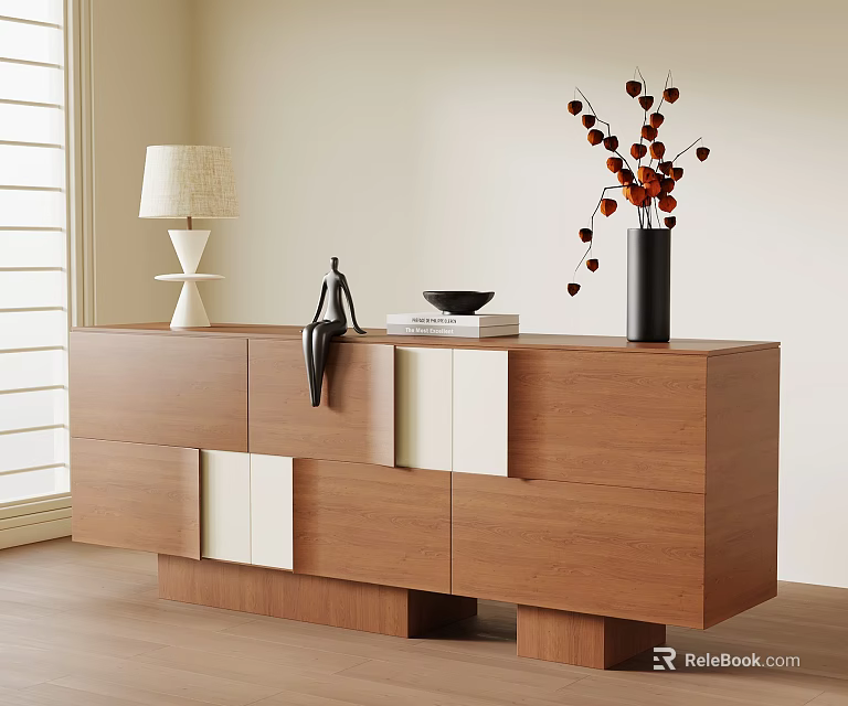 Modern Wooden Entryway Console Side Cabinet With Table Lamp Vase And Sculpture 3d model 