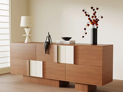 Modern Wooden Entryway Console Side Cabinet With Table Lamp Vase And Sculpture 3d model