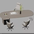 Modern Oval Shaped Office Desk With Gray Chairs Magazines And Vase