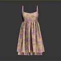 Pastel Pink And Yellow Square Patterned Dress With Spaghetti Straps And Pleated Skirt