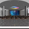 Modern Conference Room Interior Design With Circular Ceiling Colorful Pendant Light Tech Screen And Brown Chairs