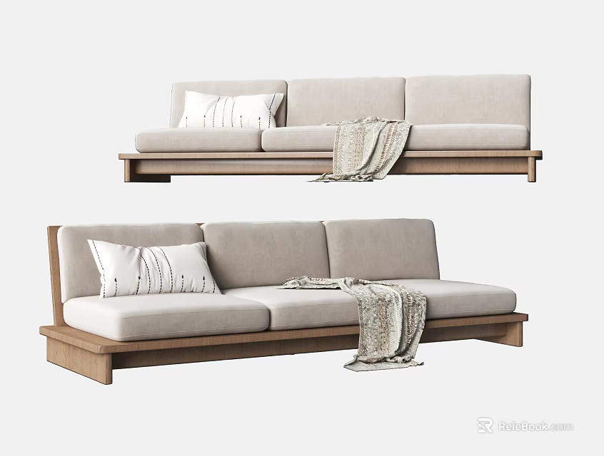 Modern Three Seater Sofa with Light Gray Upholstery Wooden Base White Pillows and Gray Blanket 3d model 