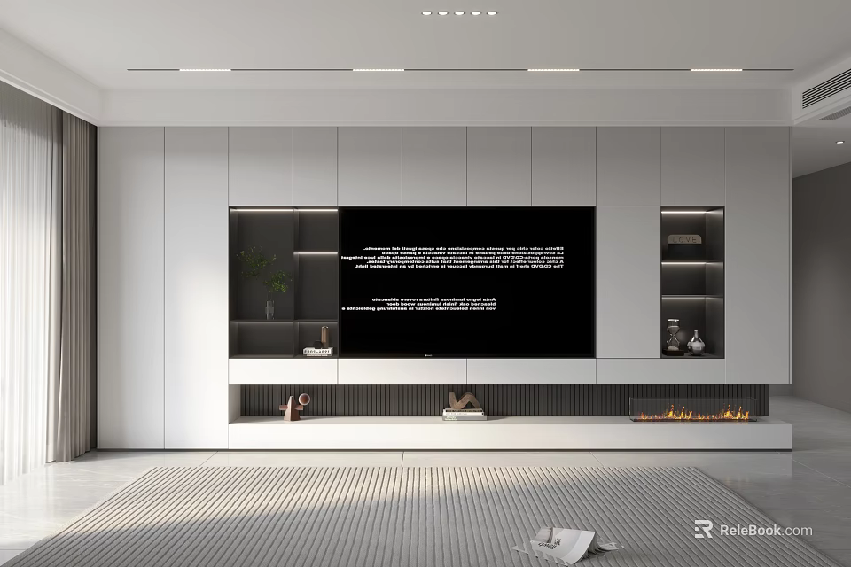 Modern TV Wall Design With White Built In Cabinets Open Shelves Green Plants And Decorations 3d model 