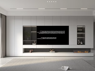 Modern TV Wall Design With White Built In Cabinets Open Shelves Green Plants And Decorations 3d model
