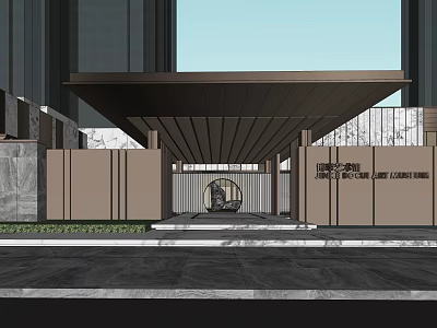 Modern Building Entrance With Wooden Canopy Stone Wall Metal Gate And Dark Stone Floor 3d model