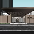 Modern Building Entrance With Wooden Canopy Stone Wall Metal Gate And Dark Stone Floor