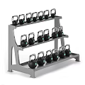 Black Kettlebells With Blue Circles On Multi Shelf Fitness Equipment Storage Rack
