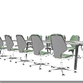 Modern Office Conference Table With Green And Gray Swivel Chairs And Water Bottles