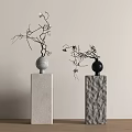 Two Flower Vases With Stone Texture Spherical Top And Twigs On Wooden Tabletop