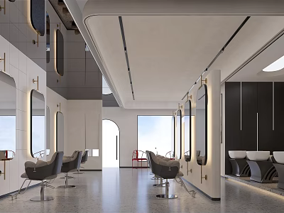 Modern Spacious Hair Salon Interior Design With Styling Chairs Mirrors And Lighting 3d model