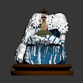 Cartoon Scene With Big Wave Lighthouse Island And Wooden Base