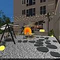 Outdoor Garden Landscape With String Lights Stone Path Swing Seating And Green Plants