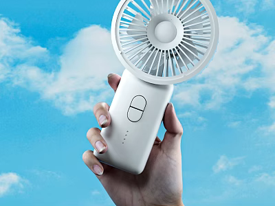 Handheld Portable White Air Conditioning Fan For Outdoor Cooling With Blue Sky And White Clouds 3d model