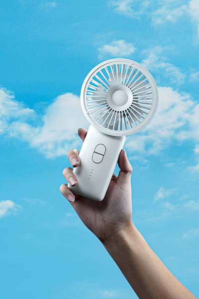 Handheld Portable White Air Conditioning Fan For Outdoor Cooling With Blue Sky And White Clouds 3d model