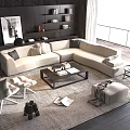 Modern L Shaped Beige Sofa and Black Coffee Table Set with Large Window and Decor 3d model