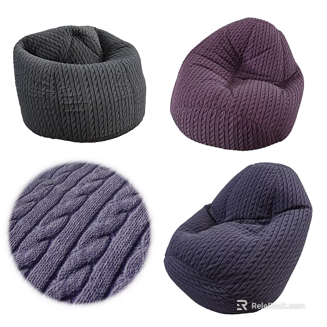 Gray and Purple Bean Bag Chair with Cable Knit Texture and Soft Comfortable Design 3d model 