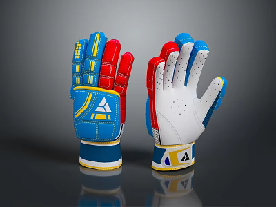 Colorful Athletic Sports Gloves With Blue Red White Design And Brand Logo 3d model