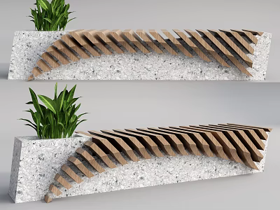 Modern Landscape Seat with Concrete Base and Curved Wooden Slats and Green Plants on Top 3d model