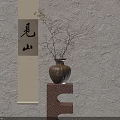 Japanese Ceramic Vase with Blossom Branches on Red Shelf by Light Wall with Calligraphy Scroll