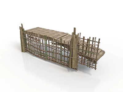Modern Bamboo Bridge Structure With Planks And Fence Design Elements 3d model
