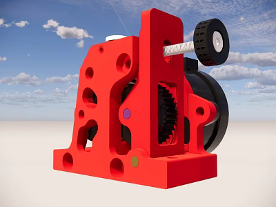 Detailed Red Mechanical Component Featuring Gear Wheel Holes And Colored Dots 3d model
